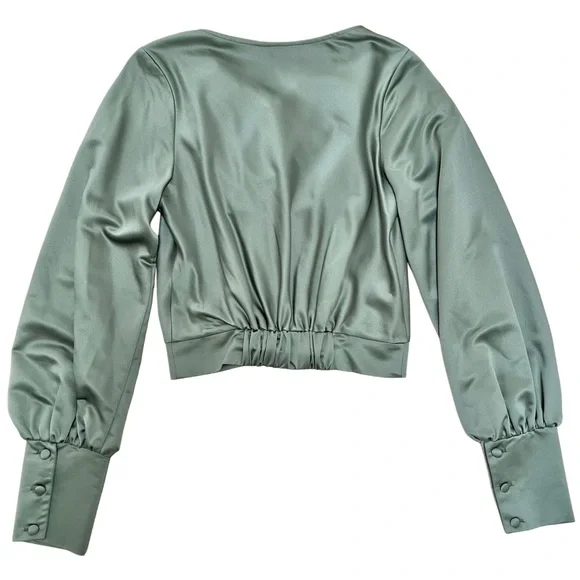 Asos Design Olive Green Satin Long Sleeve Draped Neck Blouse - Size 2 - Picture 2 of 8